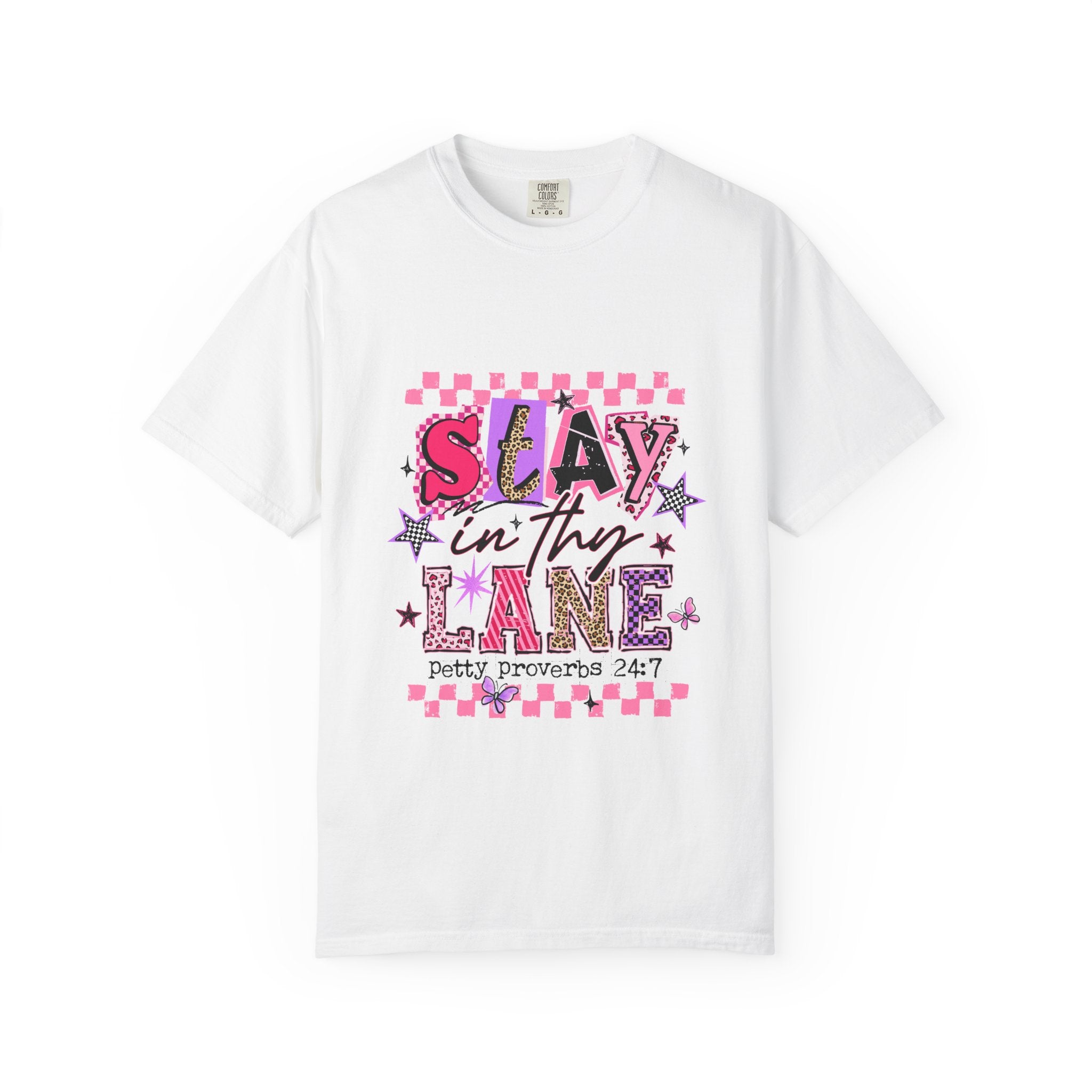 Slay in Thy Lane T-Shirt — Pink Check Graphic Tee (Pretty Proverbs 24:7)