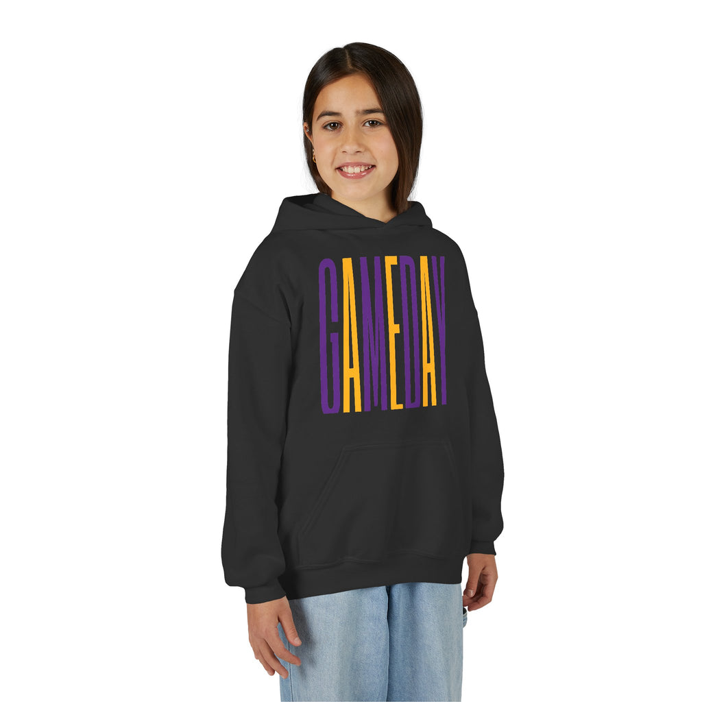 Youth 'GAMEDAY' Hoodie — Kids Sports Spirit Pullover (Purple & Gold Vertical Text)