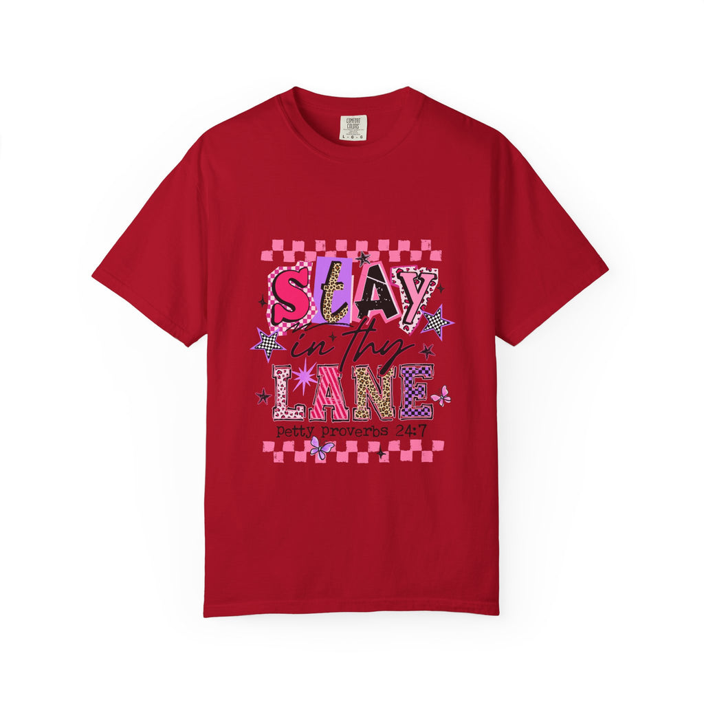 Slay in Thy Lane T-Shirt — Pink Check Graphic Tee (Pretty Proverbs 24:7)